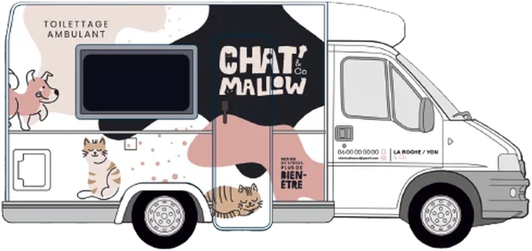 Le camping-car CHAT'MALLOW & CO, salon de toilettage mobile à La Roche-sur-Yon